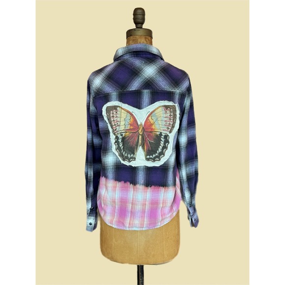 Upcycled/Reworked Flannel Shirt| Butterfly Vintage Patchwork| Cottage Core| XS - Picture 2 of 7